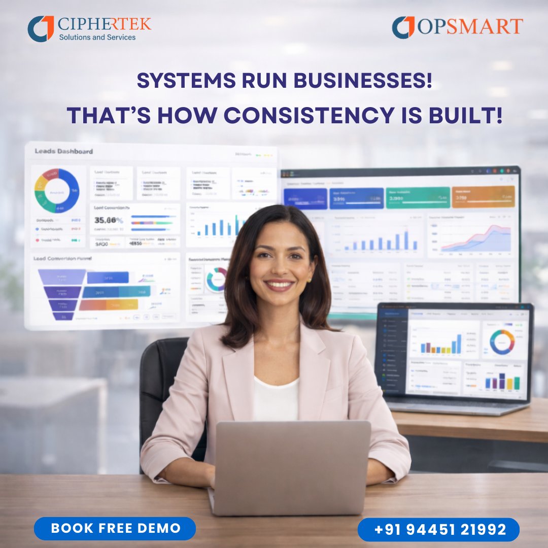 Ciphertekk's tweet image. Opsmart gives leaders full visibility and control over sales and operations.

🎯 lead management
📊 Business dashboards
🔔 Follow-ups
💸 Invoicing &amp;amp; billing

🌐 ciphertek.in/Products/Opsma…
📱 +91 94451 21992

#Opsmart #BusinessAutomation #SalesManagement #SaaS #Ciphertek #Chennai
