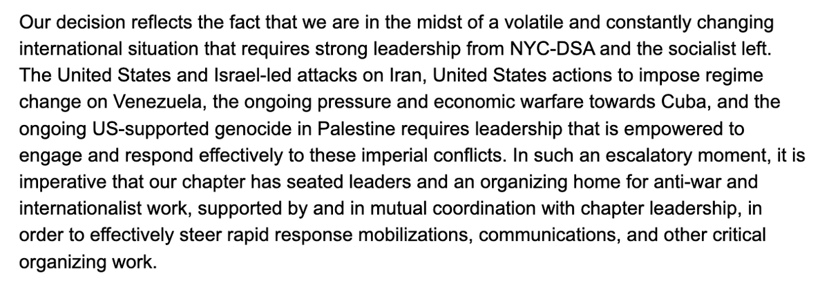 kampongovan's tweet photo. nyc-dsa sc has communicated nothing to members regarding whether or not they will be cosponsoring tmrw's day of action on war in iran, endorsed by dsa national &amp; the answer coalition.

purportedly, they seized control of awwg this morning to scale up the chapter's iran response. https://t.co/jCQUqhwzx9