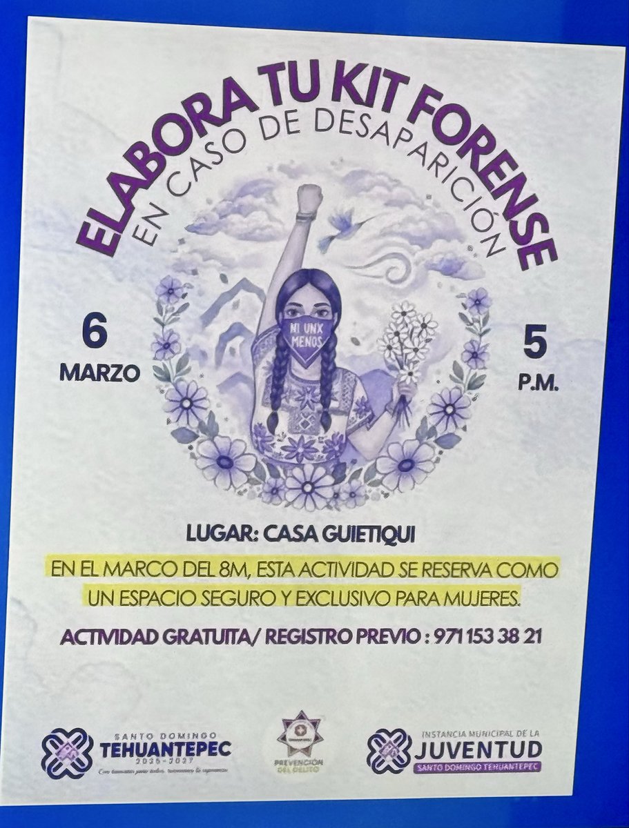 Una vergüenza de país es aquel que lejos de proteger a las mujeres y garantizar su seguridad recomienda en #Oaxaca a las mujeres que tengan consigo un kit forense por si las matan y las desaparecen que las puedan identificar 
De verdad no lo puedo creer!
#8M #DiaDeLaMujer