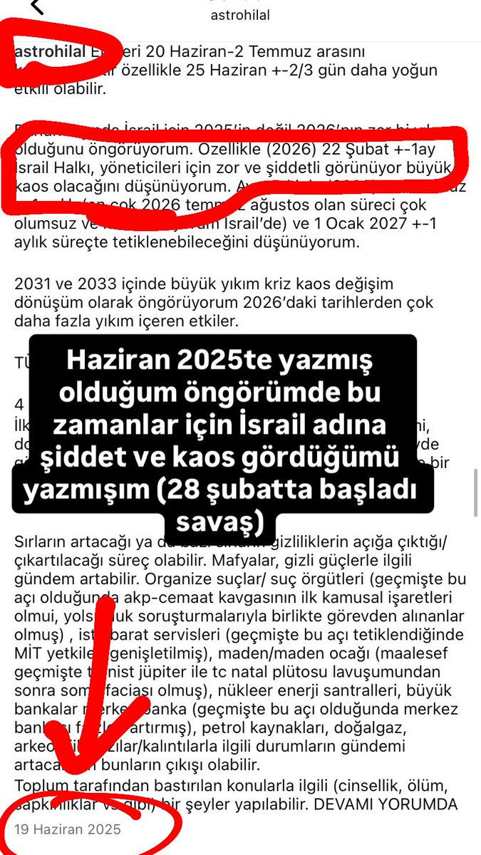 Haziran 2025teki öngörümden. Tam olarak verdiğim zamana denk geldi savaş… daha bu gönderiyi çok alıntılarız . Göz atma isteyenler için; instagram.com/p/DLFqLyFNN1w/… 

#iran #israil #savaş #abd #trump #netanyahu #füze #yahudi #astroloji #filistin #beyrut #lübnan #Gazze