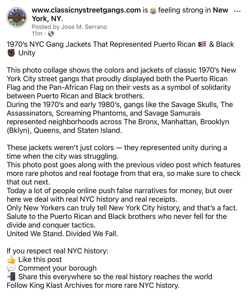 kingklast's tweet photo. 1970’s NYC Gang Jackets That Represented Puerto Rican 🇵🇷 & Black ✊🏿 Unity
#NYCStreetGangs
#ClassicNYStreetGangs
#SavageSkulls
#TheAssassinators
#ScreamingPhantoms
#SavageSamurais
#Bronx
#Brooklyn
#Bklyn
#Manhattan
#Queens
#StatenIsland
#PuertoRicanFlag
#PanAfricanFlag https://t.co/HbBPMPbU3V
