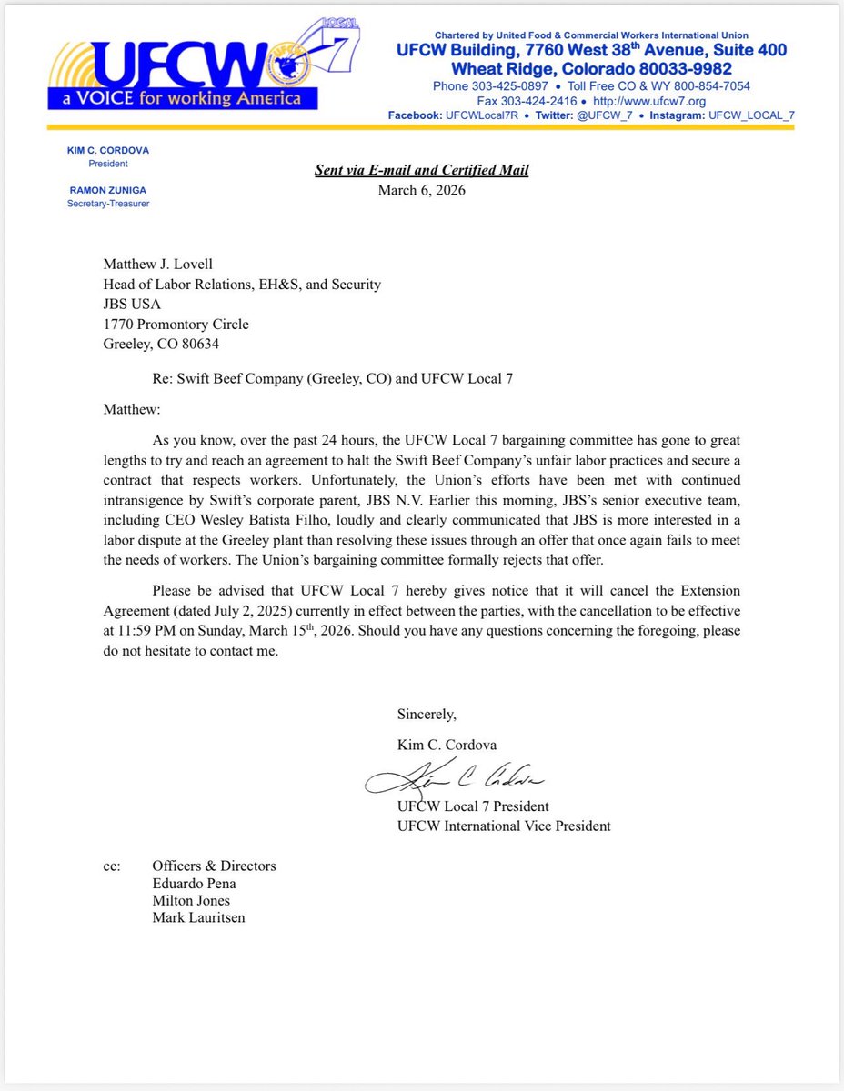 UFCW_7's tweet photo. After 24 hours of intense bargaining, it is clear that JBS is more interested in a labor dispute than in treating its employees with dignity. President Kim Cordova has officially notified the company that our Extension Agreement will end on March 15th.
#ufcw7 #StrikeReady https://t.co/REDDAC4sth