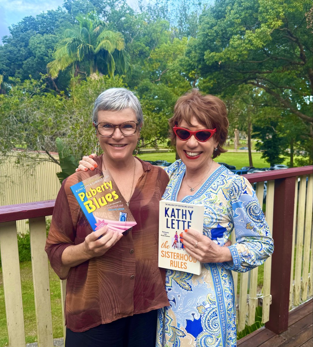 KathyLette's tweet photo. “Rack off, ya fish-faced moll!” How iconique to be interviewed by the divine Nell Schofield who played me in the movie version of my 1st book, Puberty Blues, 50 yrs ago. Clearly neither of us has changed! 😉#TheSisterhoodRules #PubertyBlues #ByronWritersFestival https://t.co/ebCNXMhw1K