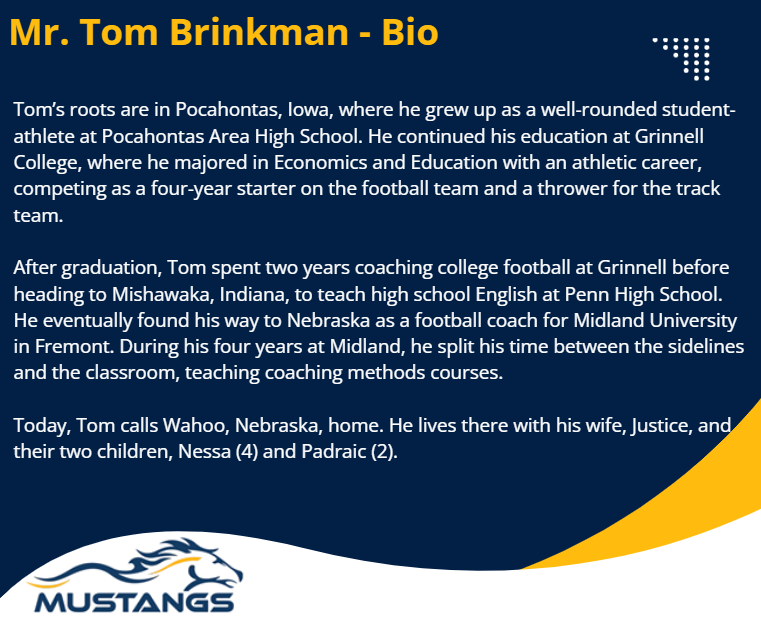 RC_Mustangs's tweet photo. Please welcome to the district, Mr. Tom Brinkman, Junior High/High School Activities Director and Assistant Principal! https://t.co/9S3Ev5MeZZ