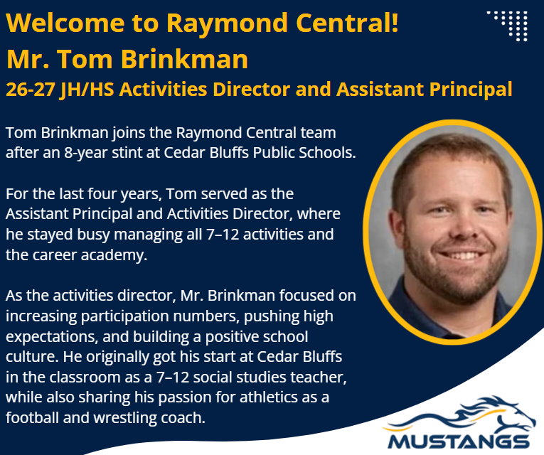 RC_Mustangs's tweet photo. Please welcome to the district, Mr. Tom Brinkman, Junior High/High School Activities Director and Assistant Principal! https://t.co/9S3Ev5MeZZ
