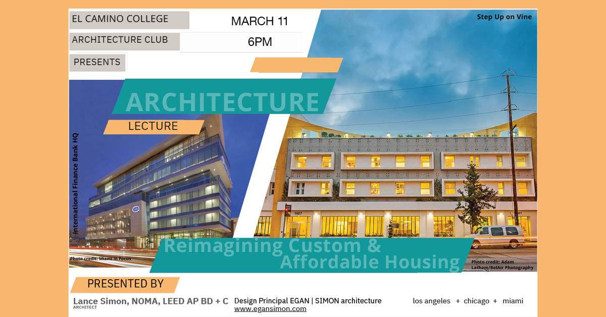 Design Principal Lance Simon will be presenting a new architecture lecture on March 11th! Join him at 6pm on Wednesday—zoom details below!
ow.ly/mLmv50YqxaL
#ESA #CaliforniaArchitecture #CaliforniaHousing #SustainableHousing #LAHousing