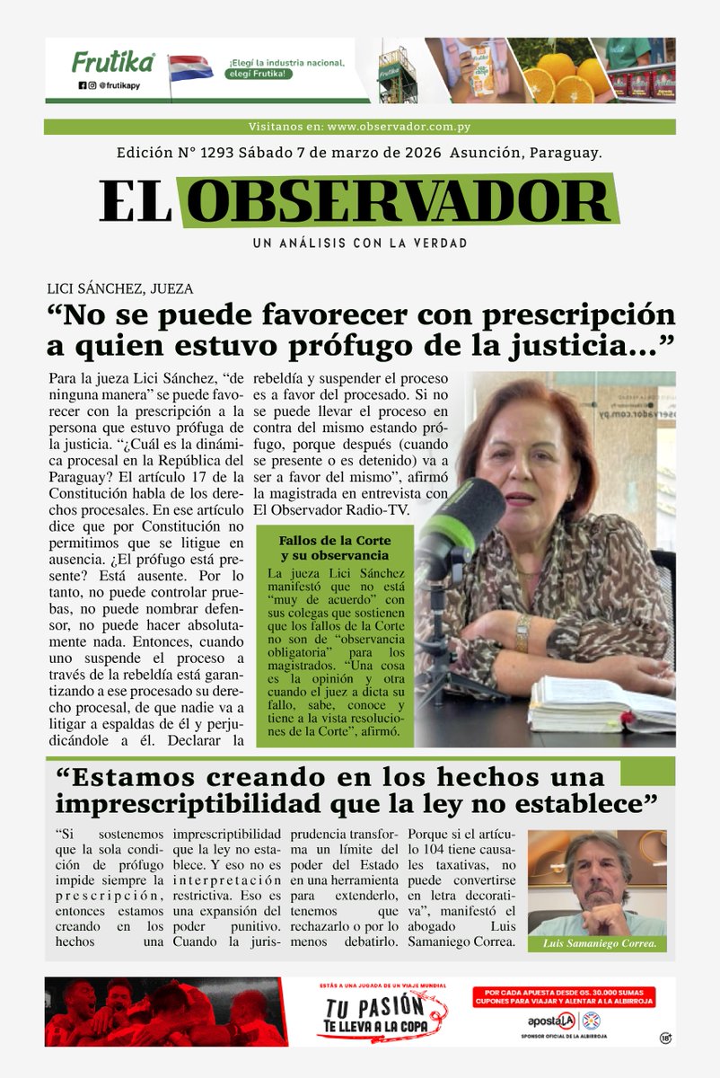 ¡Buenos días!

✅Compartimos con ustedes nuestra tapa🗞️

⛈️Caluroso y húmedo, cielo mayormente nublado, vientos del sur. Lluvias dispersas con ocasionales tormentas eléctricas

🌡️Max: 31°

📌Podes leernos en: observador.com.py
