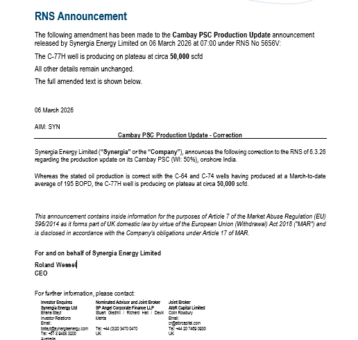 #SYN Cambay PSC Production Update - Correction