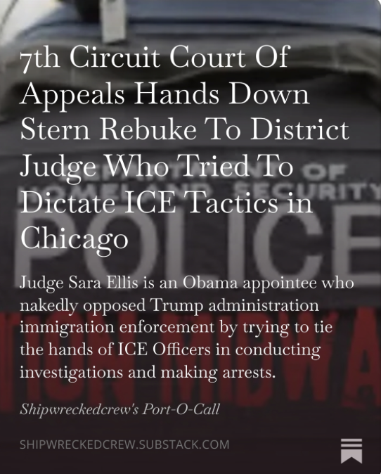 shipwreckedcrew's tweet photo. District Judge Sara Ellis issued a 6 page TRO with 15 subparagraphs on the tactics ICE could and could not use to deal with with protesters in Chicago.

7th Circuit -- "You don't get to run DHS and DOJ."

Paywalled but free trials available.

RPs greatly appreciated. https://t.co/1MaH3y9Mqe