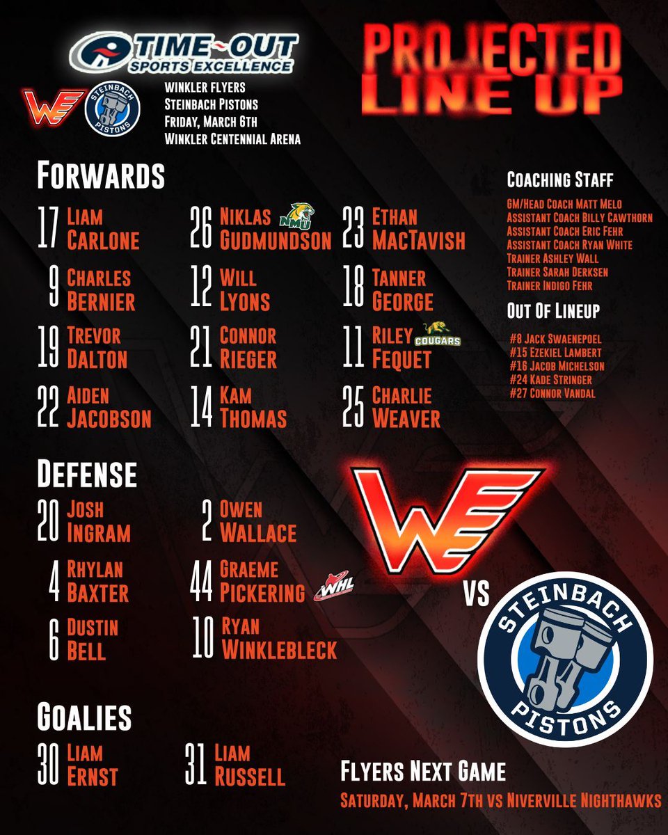 winklerflyers's tweet image. Tonight’s @TimeoutSportsExcellece Projected LineUp!

#GOFLYERSGO #ORANGEANDBLACK