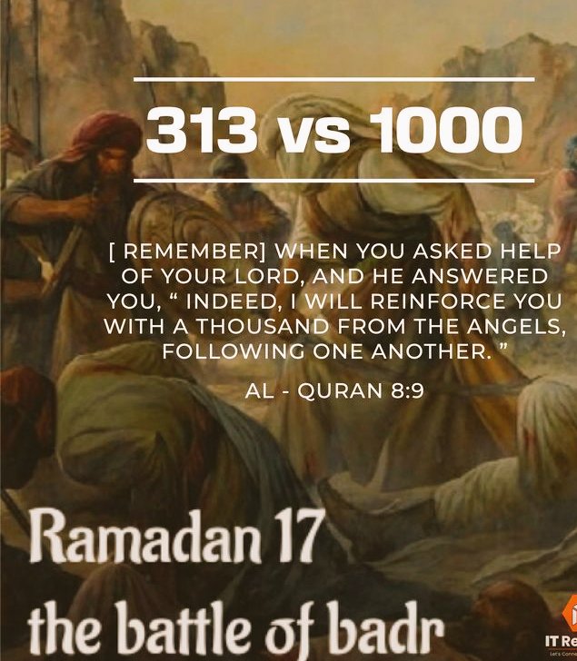 Rihlat_AlTaqwa's tweet photo. Izz tastagheezuna rabbakum fastajaba lakum anni mumiddukum bi-alfim minal malaa’ikati murdifeen.

“Jab tum apne Rabb se madad maang rahe the, to Usne tumhari dua qubool ki aur farmaya: Main tumhari madad ke liye ek hazaar farishton ko lagataar bhej raha hoon
Battle of Badar https://t.co/NEAfBgP05w