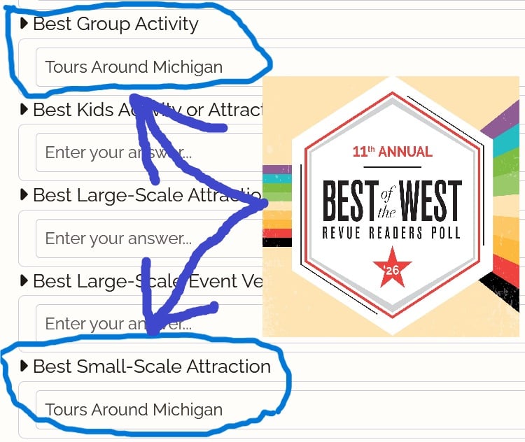 ToursAroundMI's tweet image. 🍷 Help a local business out!

Tours Around Michigan is hoping to make the "Best of the West" finalists.

Vote here: RevueWM.com/botw

Write in Tours Around Michigan for:
• Best Group Activity
• Best Small-Scale Attraction

Takes 30 seconds 🙏

Thank you!

#SupportSmall