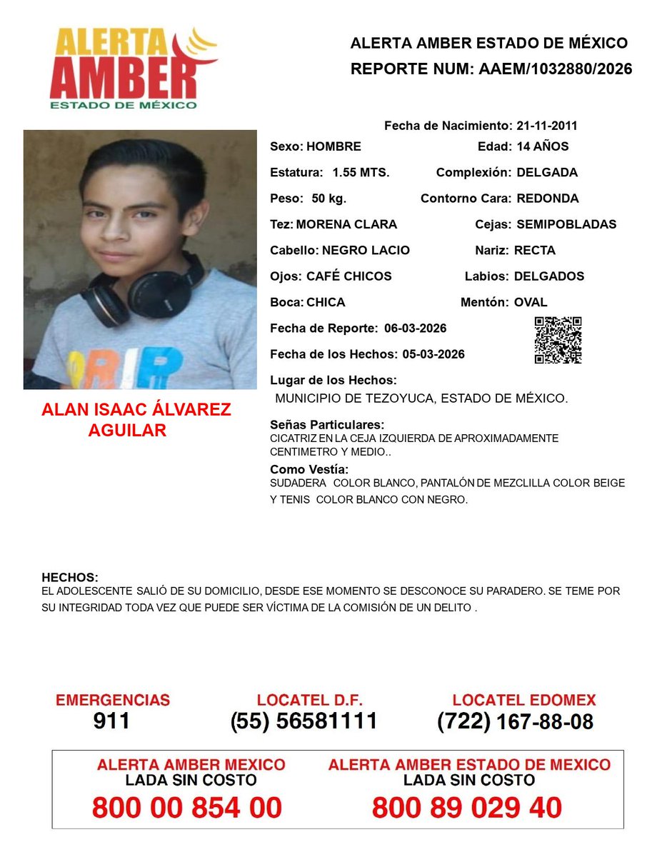 FiscaliaEdomex's tweet photo. 📍Tu apoyo es importante, ayúdanos a difundir, cualquier información para localizar a la siguiente persona comunícate al 📞 800 890 2940 Alerta Amber EDOMEX y ☎️ 800 7028 770 #FiscalíaEdoméx. https://t.co/d62WzYJB6h