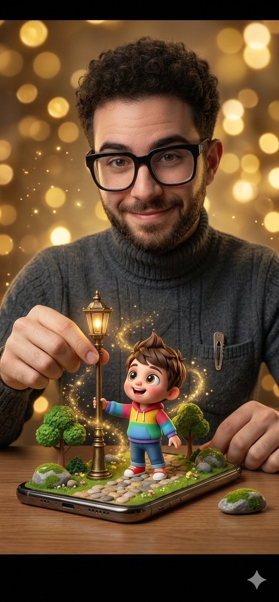 Surreal Cinematic Scene: Man Emerging from Phone with Tiny Cartoon Boy