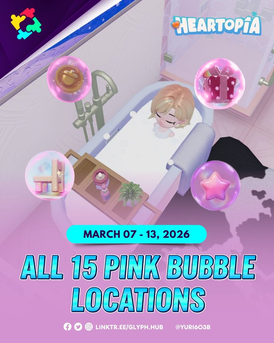 Glyph_Hub's tweet photo. [Heartopia]

All 15 Pink Bubble Locations for all servers (March 07-13, 2026)

#Heartopia #HeartopiaTips #HeartopiaGuide #PinkBubbles https://t.co/HRQnFkrtMn