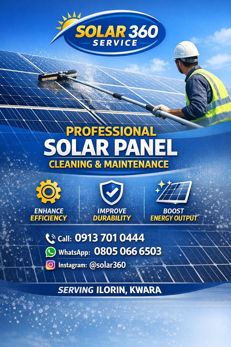 trayskid's tweet photo. Are you in Ilorin?
Dust and dirt can reduce the performance of your solar panels. Get professional cleaning and maintenance today #ilorin #kwarastate #Solarsystem #solarpanels #maintenance https://t.co/ahp6rCh5fq