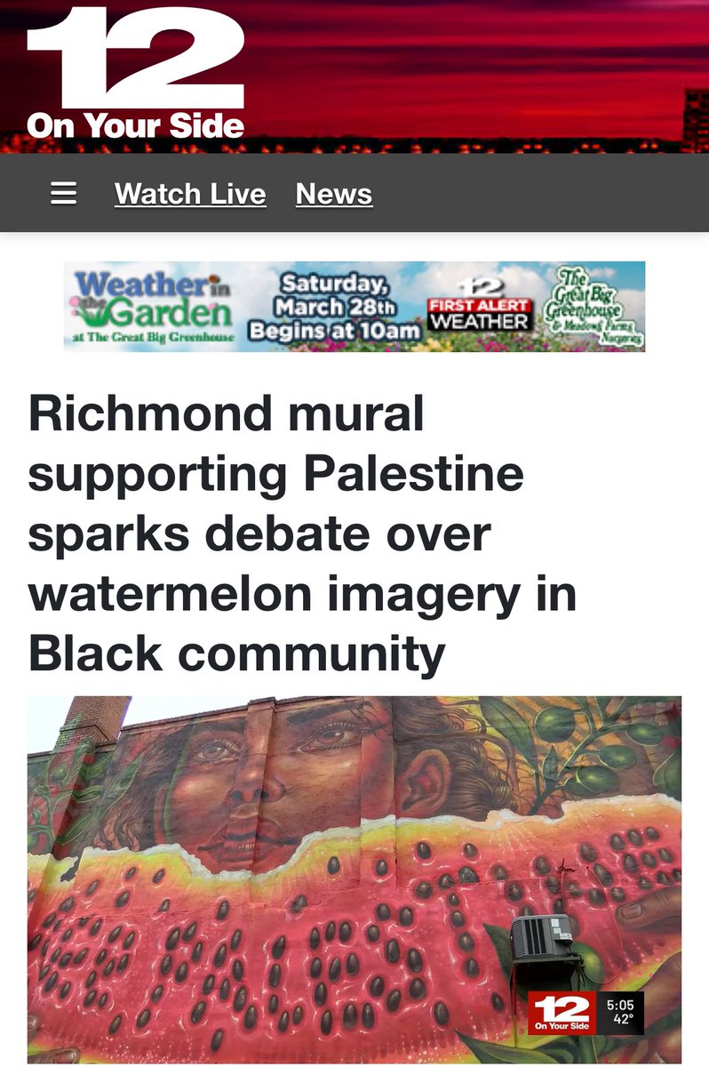 Antizionist activists painted a large mural of a Black woman eating a watermelon with the caption "Free Palestine" 

This was done in an historically Black neighborhood in Richmond, Virginia where some locals believe that the imagery plays into racist tropes and should be removed
