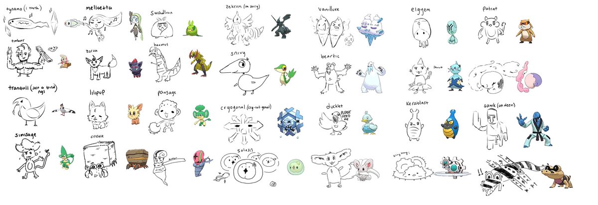 me and <a href="/gyeonwoolim/">Gyeonwoo (임견우) 🦊💔 Pre-Debut</a> drew gen 5 pokemon from memory together last night!! 🕺 how well did we do..? tysm for inviting me to draw!~ 💜

mine: 1st + 3rd row
gyeonwoo: 2nd + 4th