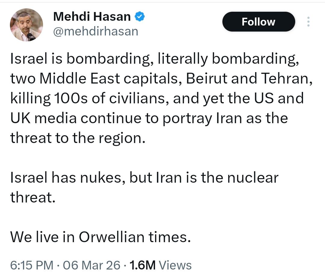 اسرائیل دو مشرقِ وسطیٰ کے دارالحکومتوں، بیروت اور تہران، پر مسلسل بمباری کر رہا ہے، اندھا دھند بمباری، جس میں سینکڑوں شہری مارے جا رہے ہیں، اور اس کے باوجود امریکہ اور برطانیہ کا میڈیا اب بھی ایران کو خطے کے لیے خطرہ بنا کر پیش کر رہا ہے۔

اسرائیل کے پاس خود ایٹمی ہتھیار ہیں،