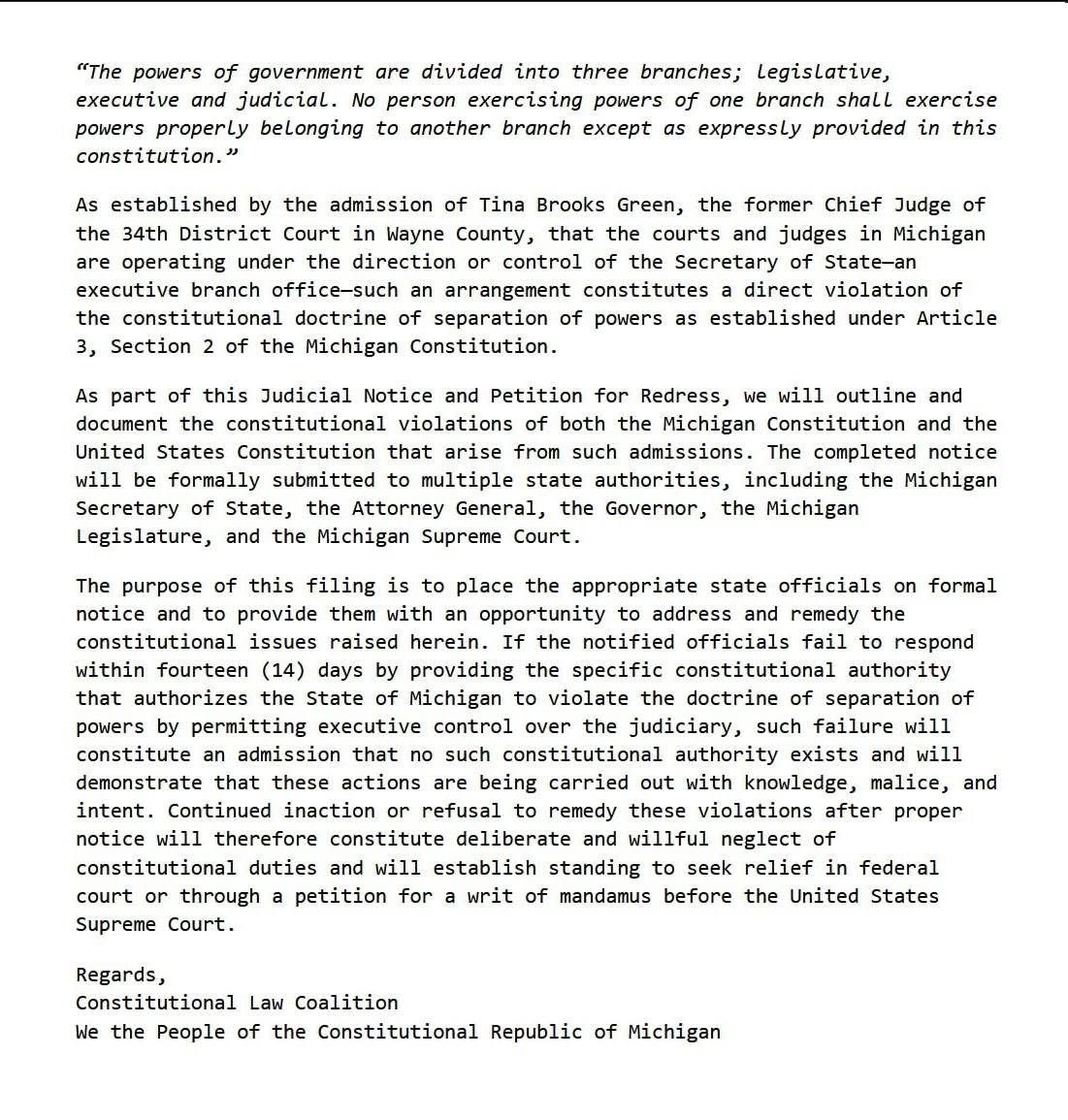 This coming week, our team will be sending a formal letter, along with this public statement, to all District Court judges throughout the State of Michigan.#wethepeople
