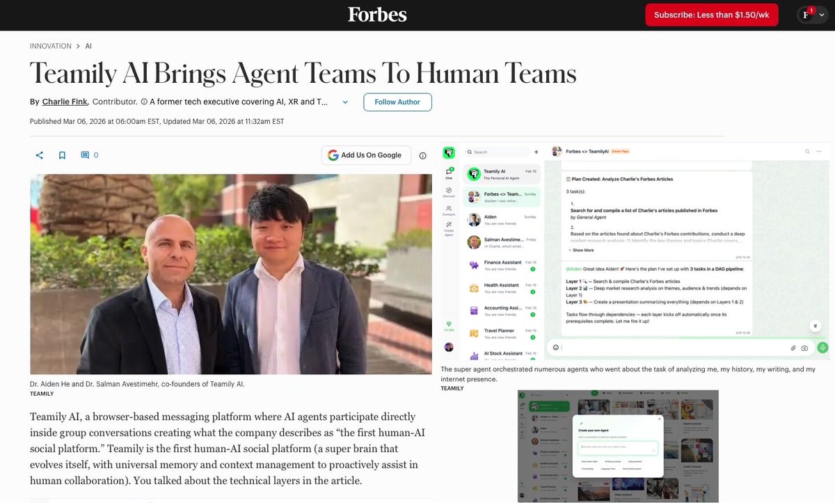 Thanks <a href="/Forbes/">Forbes</a>  for featuring Teamily AI! 🚀
We're building AI agent teams that work with human teams — at work, in life, with community, across your social network.

→ Universal and cross-domain memory with not just human-AI interactions but also human-human social intelligence