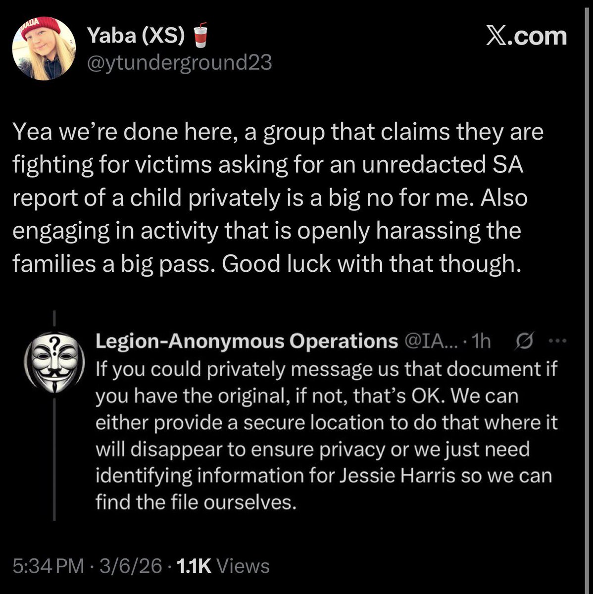 IAmAnonLegion's tweet image. @ytunderground23 no. Looking for an arrest record to identify the ADULT in the offender registry is very different from wanting un redacted information on a child. #Legion of #Anonymous takes child safety serious. You clearly wish to lie about it when it comes to us. #ExpectUs