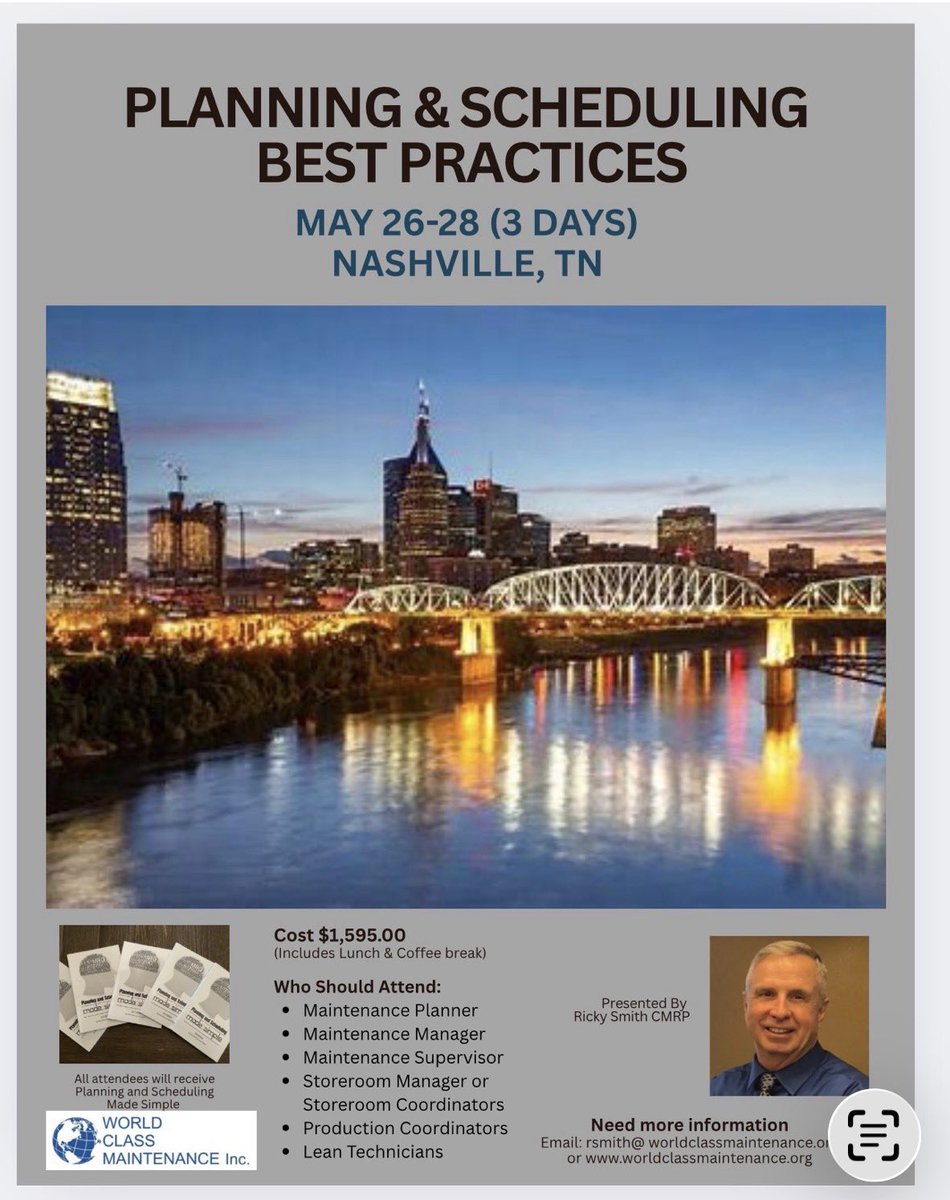 Join me for Planning and Scheduling Best Practices in Nashville, TN -- May 26-28. If you are interested, you can register at lnkd.in/dQ3GKQi

#planningtraining #rickysmithcmrp #nashville