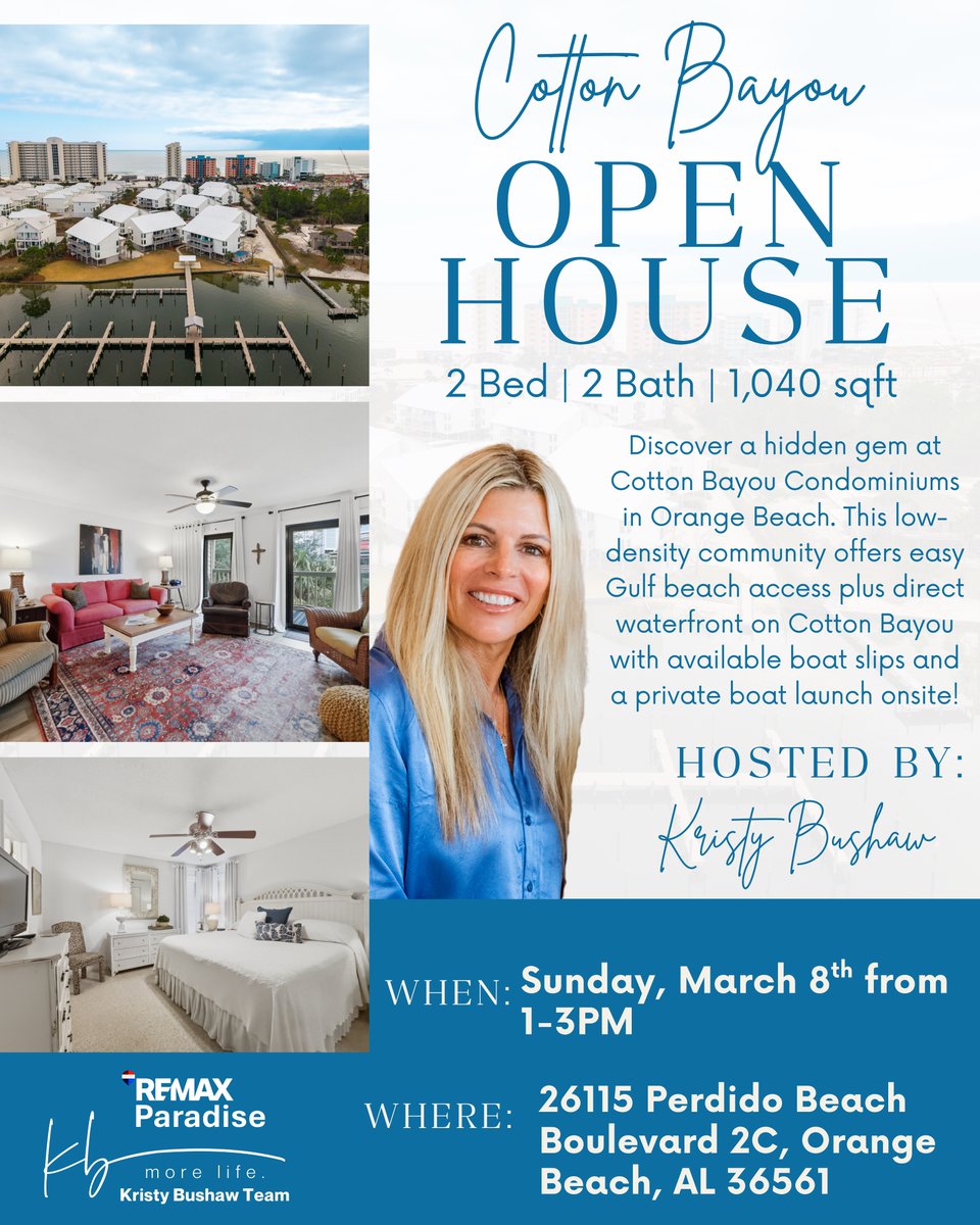 kristyb1111's tweet image. Ready to explore Cotton Bayou? Join Kristy Bushaw this Sunday, March 8th from 1-3PM to tour this beautiful condo in one of the BEST locations in Orange Beach 🍊

Kristy Bushaw Team, More Life🌊
(251) 223-1111 | (251) 213-3000
#Remax #beachlife #realestate #orangebeach #openhouse