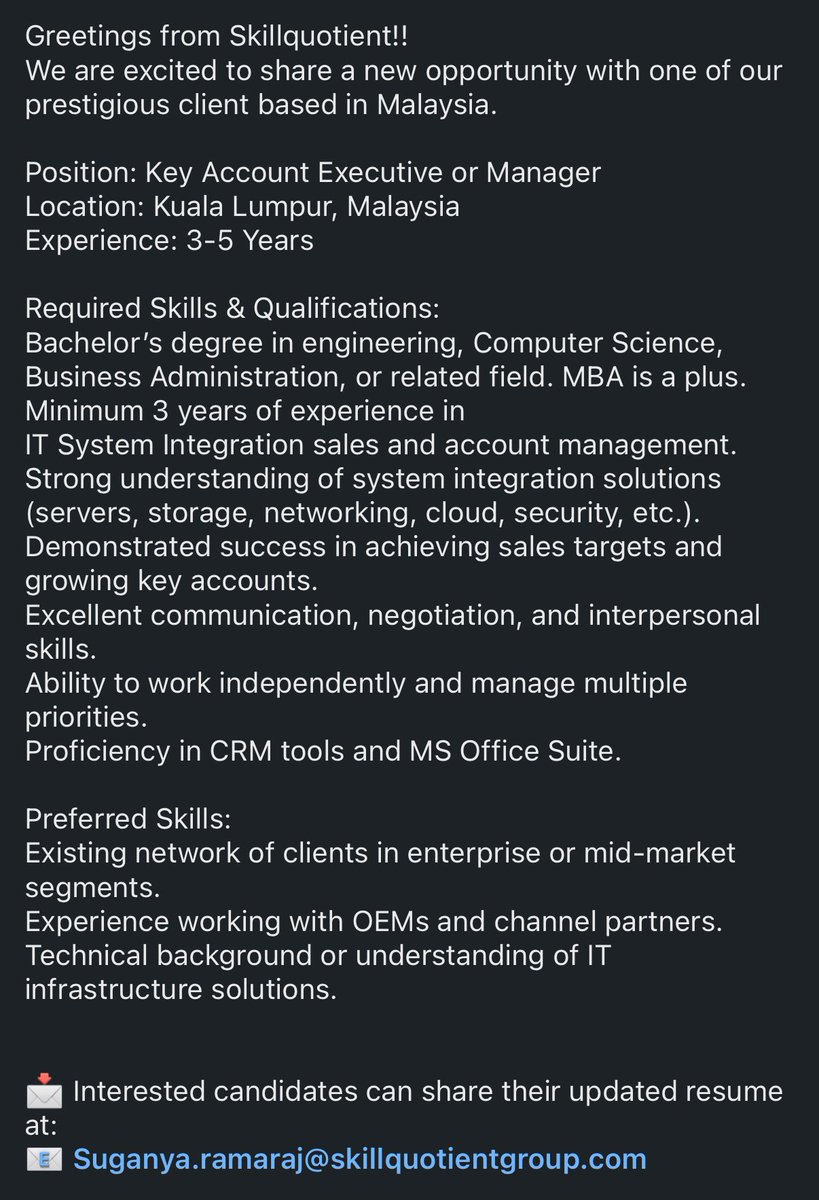🚨JOB ALERT

Ada yang mau jadi Key Account Manager di Malaysia?

Yuk, cek keterangan lengkapnya di bawah ini.
Ketika melamar, pastikn CV mu sudah on point ya ✨✨