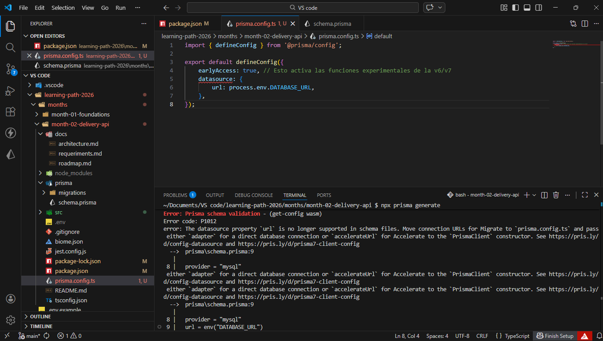 MauroDevelop's tweet photo. Tengo un conflicto en Prisma 7.4.2

La v7 prohíbe la URL en el schema.prisma si usás prisma.config.ts, pero el config me daba errores de tipos en TS. Al final termine volviendo a la v5.22.0, mucho mas estable.

Alguna solución para esto? Necesito help

#BuildingInPublic #Prisma https://t.co/NSDD7XGLTR