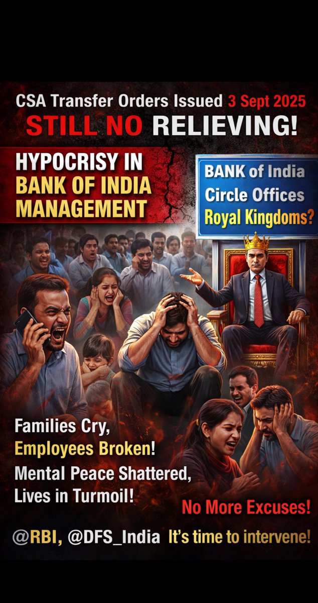 iNitinTyagi's tweet photo. 🚨 Is #BOI a Bank or a Circus?

What’s Happening Inside BANK OF INDIA

Transfer orders for CSAs were issued on 3 September 2025. Employees submitted acceptance long ago.

Yet months later many CSAs are STILL not relieved. Why❓
Because every Circle Office is acting like an independent kingdom.

Some circles relieved staff. But some circles are still sitting on the files.

Then Excuse 1: Relieving after promotion process.
Now Excuse 2: Relieving after fresh recruitment.

So basically transfer orders from Head Office mean NOTHING?
Are Circle Managers running their own Bank of India?

Employees are stranded away from families, paying double rent, living under stress while management keeps inventing excuses.

And where are the banking unions?
Why is @ChVenkatachalam silent when members are suffering?

@nilesh_pawar15 I know this may not be an officers’ issue, but this is a clear injustice in the bank. When most unions are silent, your urgent intervention is needed.

This is not administration.
This is complete HR failure and arrogance.

@DFS_India @RBI must intervene immediately and Direct @BankofIndia_IN to relieve ALL CSAs transferred on 3 Sept 2025 without further delay.

Employees are not bonded labour.

Relieve them NOW.

#BankOfIndia #BankersVoice
#EmployeeRights #HRFailure