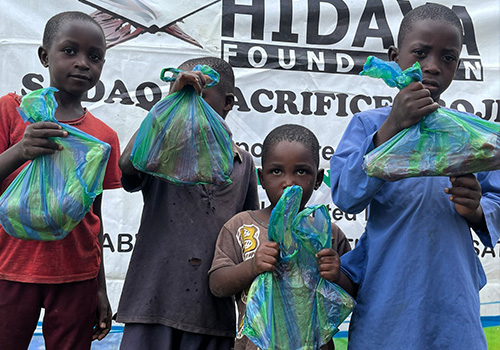 In 2025, Hidaya Foundation sacrificed 3,261 goats and 336 oxen and distributed the meat to benefit over 60,000  families  in  Pakistan,  Bangladesh  and  Zimbabwe.  Among the sacrifices, 142 goats were sacrificed as Aqiqah on behalf of donors.