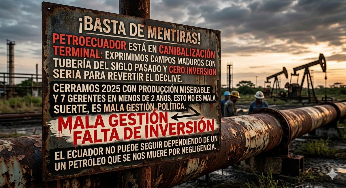 ¡Basta de mentiras! 
Petroecuador está en canibalización terminal: exprimimos campos maduros, con baja inversión para revertir el declive.
Cerramos 2025 con baja en la producción petrolera, incremento en importación de combustibles  y 7 gerentes en menos de 2 años. Esto no es