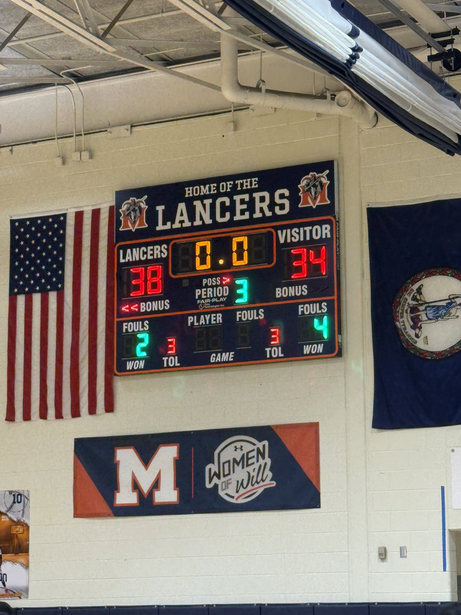 APHxTeacher's tweet photo. @novahoopsCom END OF 3RD QUARTER: Manchester Lady Lancers, trailing by 6 at Halftime, now leads West Potomac 38-34 in this State Semifinal at Manchester HS. https://t.co/LYpsqb1Pz2