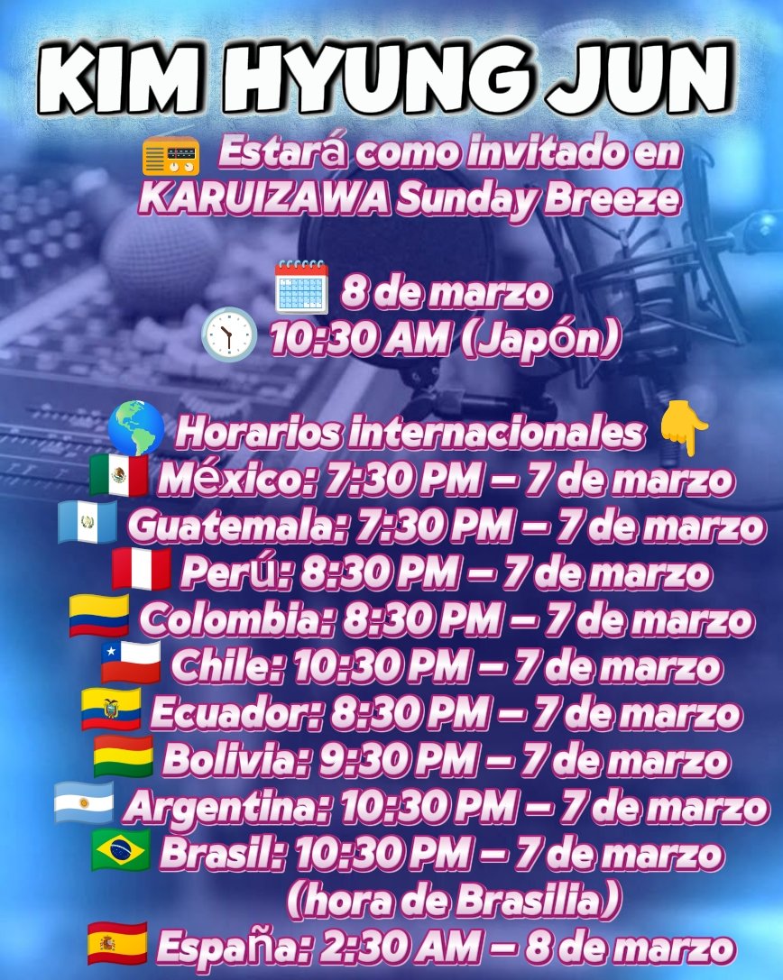 andrea_KHJ_'s tweet photo. Kim Hyung Jun será invitado en el programa📻
KARUIZAWA Sunday Breeze en FM Karuizawa
🗓 8 de marzo
⏰ 10:30 AM (JST)
🌎 Escúchalo online aquí:
https://t.co/N8wjwBZazd
¡Fans de todo el mundo pueden escucharlo! 💚🐰
#KimHyungJun #김형준 #SS501 #HJ #JUNIQ https://t.co/cjmwJ0uuGI
