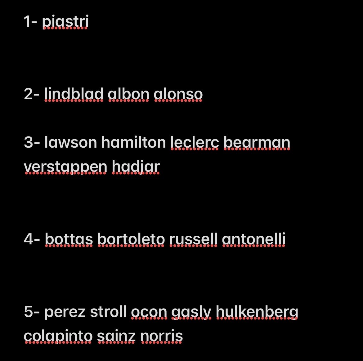 forzapiastrii's tweet photo. my tier ranking right now except i’m indecisive so this will definitely change #f1twt https://t.co/RU1kGkAodh