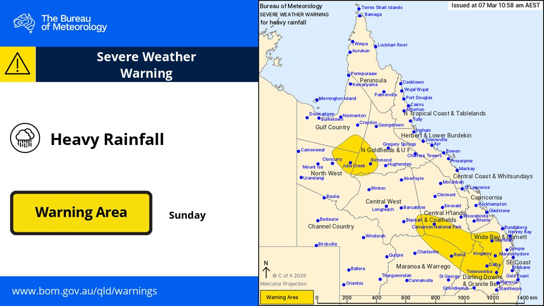 BOM_Qld's tweet photo. ⚠️🌧️Severe Weather Warning

Heavy #rainfall continuing in the north and developing in the southeast on Sunday.
May affect #Richmond, #JuliaCreek, #Toowoomba, #Dalby, #Roma, #Kingaroy, #CarnarvonNationalPark, #Gayndah, #Gatton.

https://t.co/9Ye194KBDr https://t.co/Q4NQRC9Ffr