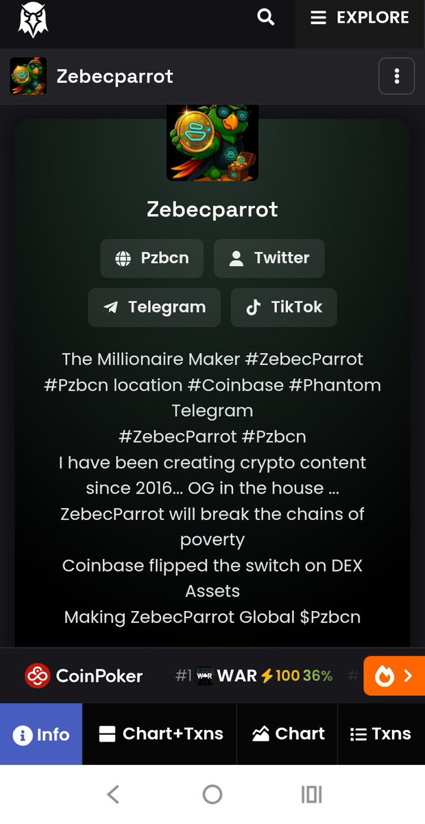 It's official the #Dex has been updated 
$Pzbcn 🦜 
#ZebecParrot  🦜 
The next Millionaire Maker on #Solana 
Real people do launch #Memes  on <a href="/Pumpfun/">Pump.fun</a>