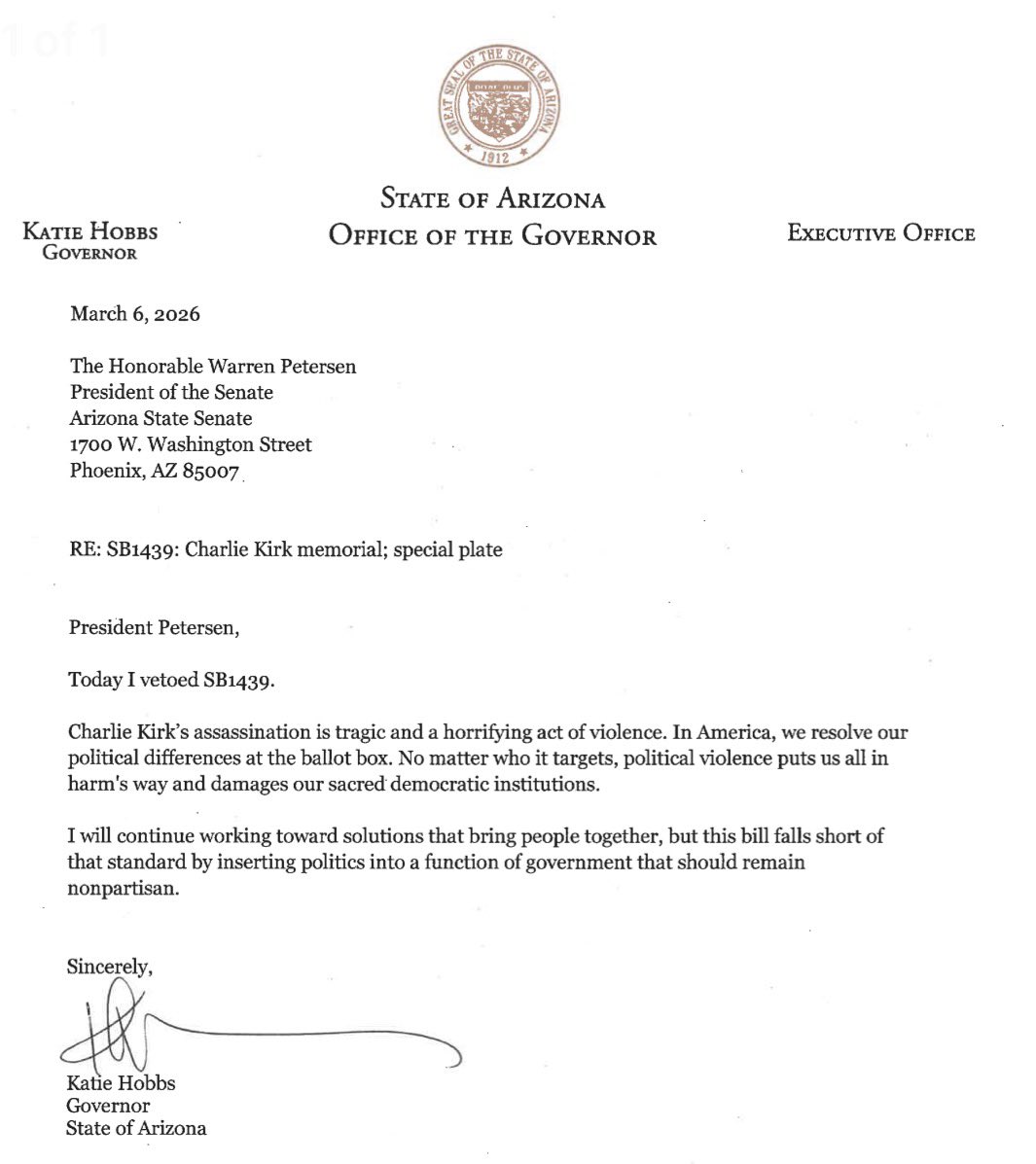 PollTracker2024's tweet photo. Arizona Governor Katie Hobbs vetoes Charlie Kirk memorial license plate the Republican controlled Arizona state legislature passed.

Her veto message: https://t.co/PFs754lpj4