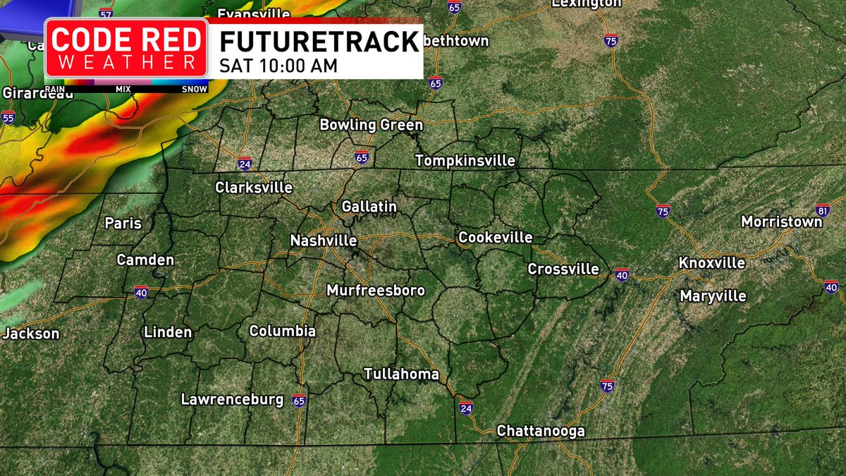 FOXNashville's tweet image. 🌩️ Code Red #Weather Alert 

A line of #storms will hit Middle Tennessee around 10 a.m. tomorrow, reaching #Nashville between noon‑1 p.m., and move east by evening. 

Strong winds &amp;amp; heavy rain are the main threats; #tornado risk is very low.

bit.ly/4d4SRKS