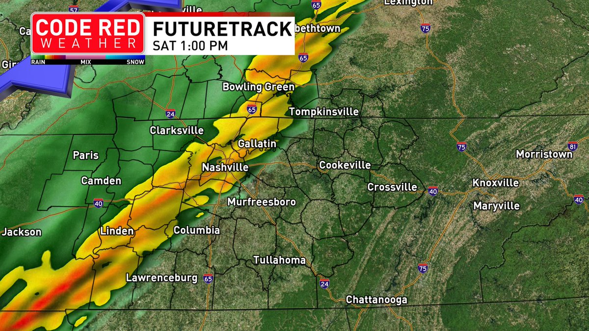FOXNashville's tweet image. 🌩️ Code Red #Weather Alert 

A line of #storms will hit Middle Tennessee around 10 a.m. tomorrow, reaching #Nashville between noon‑1 p.m., and move east by evening. 

Strong winds &amp;amp; heavy rain are the main threats; #tornado risk is very low.

bit.ly/4d4SRKS