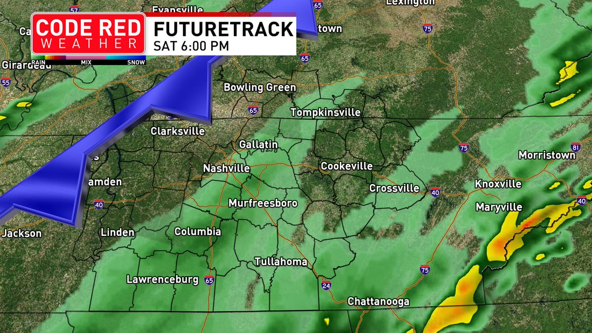 FOXNashville's tweet image. 🌩️ Code Red #Weather Alert 

A line of #storms will hit Middle Tennessee around 10 a.m. tomorrow, reaching #Nashville between noon‑1 p.m., and move east by evening. 

Strong winds &amp;amp; heavy rain are the main threats; #tornado risk is very low.

bit.ly/4d4SRKS