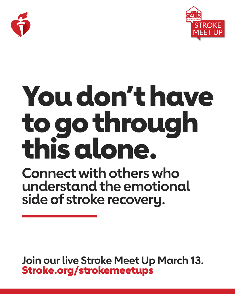 American_Stroke's tweet photo. Stroke is a journey. And you don’t have to navigate it alone.  

Stroke Meet Ups bring together survivors, care partners and trusted experts for Real Talk about stroke. Come listen, share, and be part of a virtual community that understands life after stroke. https://t.co/vh1TTa7sol