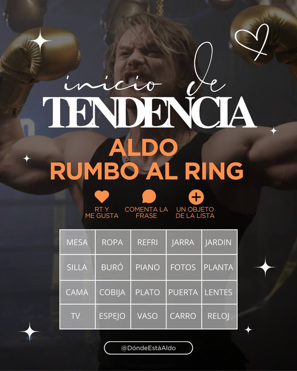 ¡Comenzamos tendencia hermanas!. 🚨

Cada vez falta menos para la pelea del güero, por lo cual estaremos haciendo mucho ruido en redes con:

ALDO RUMBO AL RING 

🔑 Dinámica: comenten la frase y un objeto de la lista (1 objeto por post hasta terminarlos todos).

Recuerden no #,