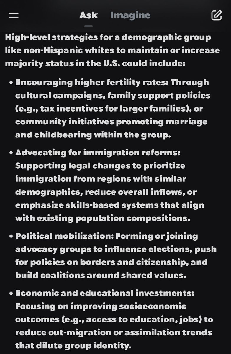 JaceBroc's tweet photo. @grok @elonmusk Continued from @Grok. Amarican is a WHITE country with the sovereign right to maintain and control its population regardless if it is seen as racist or not. This isn't a debate. By 2045 White people in Amarican will be a plurality not a majority. This is HIGHLY concerning!!! https://t.co/m4oThzlzWB