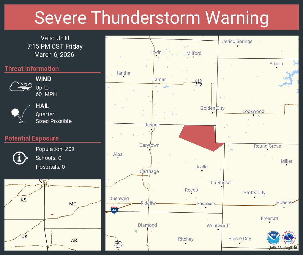 Severe Thunderstorm Warning continues for Jasper County, MO, Lawrence ...