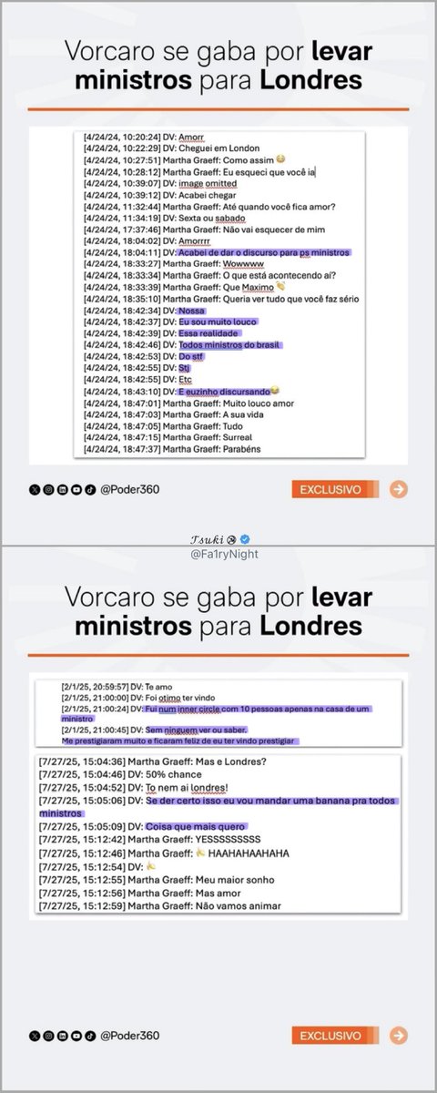 Fa1ryNight's tweet photo. A conversa do Vorcaro com a namorada  sobre os ministros:

“Acabei de dar o discurso para os ministros Nossa 
Eu Sou muito louco 
Essa realidade 
Todos ministros do brasil 
Do STF, STJ 
E euzinho discursando 😂 
Fui num inner circle com 10 pessoas apenas na casa de um ministro 
Sem ninguem ver ou saber. 
Me prestigiaram muito e ficaram feliz de eu ter vindo prestigiar 
Se der certo isso eu vou mandar uma banana pra todos ministros 
Coisa que mais quero“

Quem eram as 10 pessoas do inner circle?
Foi na casa de qual ministro? 
Como se já não bastasse esse ambiente “nebuloso”, percebe-se ainda um ego quase adolescente que chega a ser deprimente.