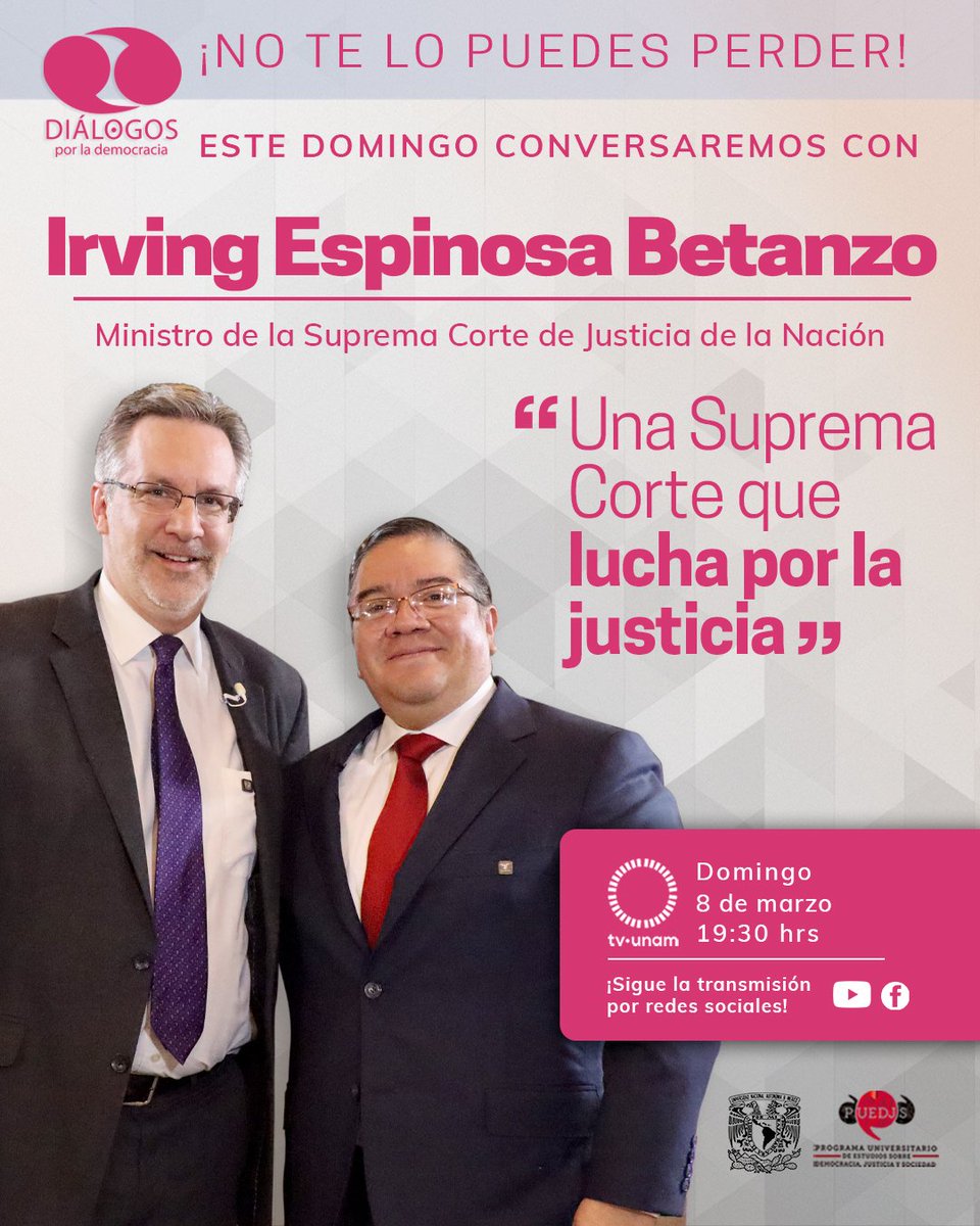 Es un destacado jurista con vocación social y una amplia trayectoria en el servicio público⚖️

Actualmente es Ministro de la <a href="/SCJN/">Suprema Corte</a> 👨‍⚖️

Él es <a href="/IrvingEspinosa_/">Irving Espinosa B</a>😎 y nos acompaña en #DiálogosPorLaDemocracia este domingo 8 de marzo a las 7:30pm por <a href="/tvunam/">TV UNAM</a> 📺