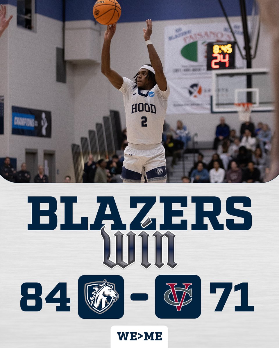 HoodBlazers's tweet photo. BLAZERS WIN‼️ 

No.16 @Hood_MBB beats Vassar 84–71 to advance in the NCAA Tournament. Mallory led with 25 pts, Robinson had 20 pts &amp; 8 reb, and Yarbrough posted 19 pts &amp; 12 ast. 

First NCAA Tournament win in program history!

 Next: Redlands tomorrow at 5:35 PM.

 #WeOverMe https://t.co/X1YbF0E02O