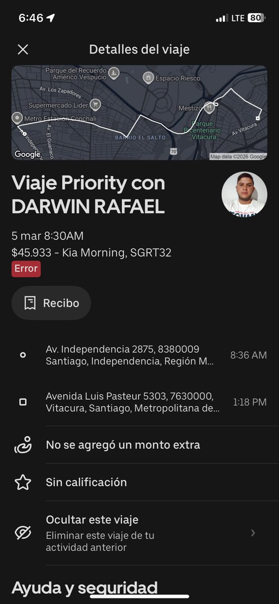 Experiencia pésima con <a href="/Uber/">Uber</a>, <a href="/Uber_Chile/">Uber Chile</a>, <a href="/UberEats/">Uber Eats</a> y <a href="/Uber_Support/">Uber Support</a> en Chile.
Un viaje que normalmente cuesta $6k–$10k tenía tarifa estimada de $8.923. Por un error de la app el viaje no se cerró y terminaron cobrando $63.868.
Después de reclamar en la app (soporte casi todo